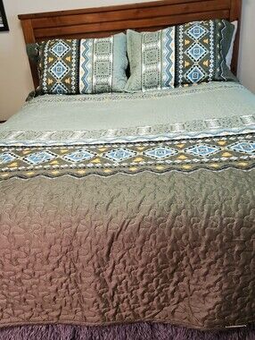 Quilted Bedspread Set in Sage Green and Gray Green with Blue and Yellow Accents
